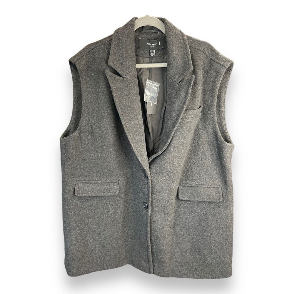 Vero Moda Curve Edna Mid-length Waistcoat in Dark Grey Melange NEW Size 16